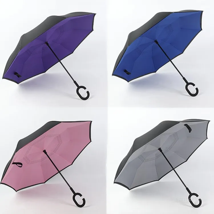 Solid Inverted Reverse Umbrellas Double Layer Folding Windproof Rain Protection C-Hook Hands Umbrella Household Sundries T2I51771