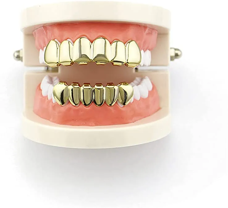 Moda hip hop rapper ouro real banhado a prata dentes grillz conjunto para homens mulheres bling dentes grills alta qualidade 291g