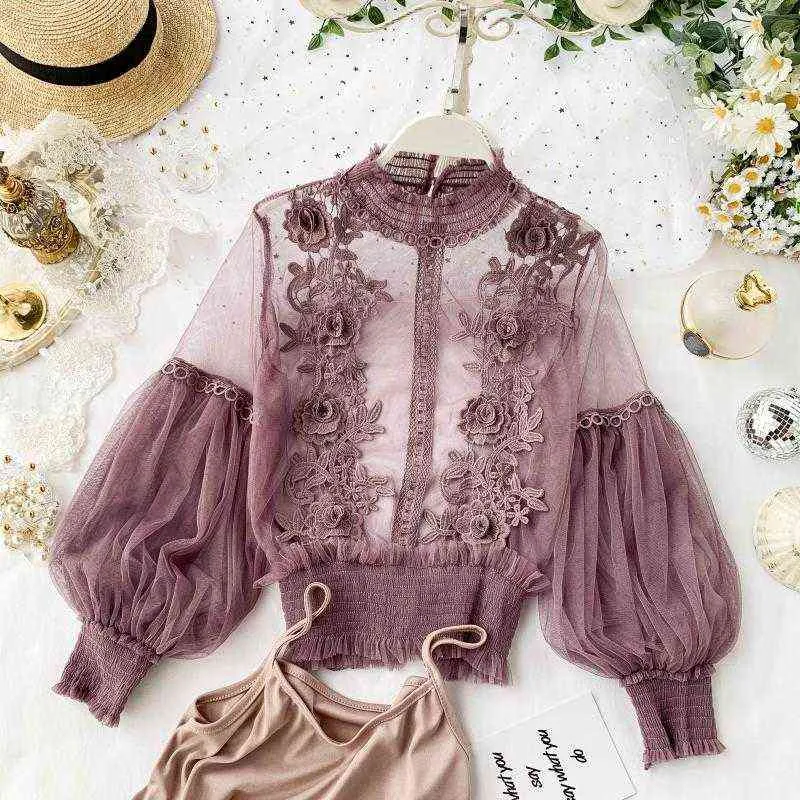 Herfst Vrouwen Mesh Tops Mode Sexy Sheer Lace Blouse Lantaarn Mouw 3D Bloemen Blouses Shirts Elegante Top Blusas Femininas 220118