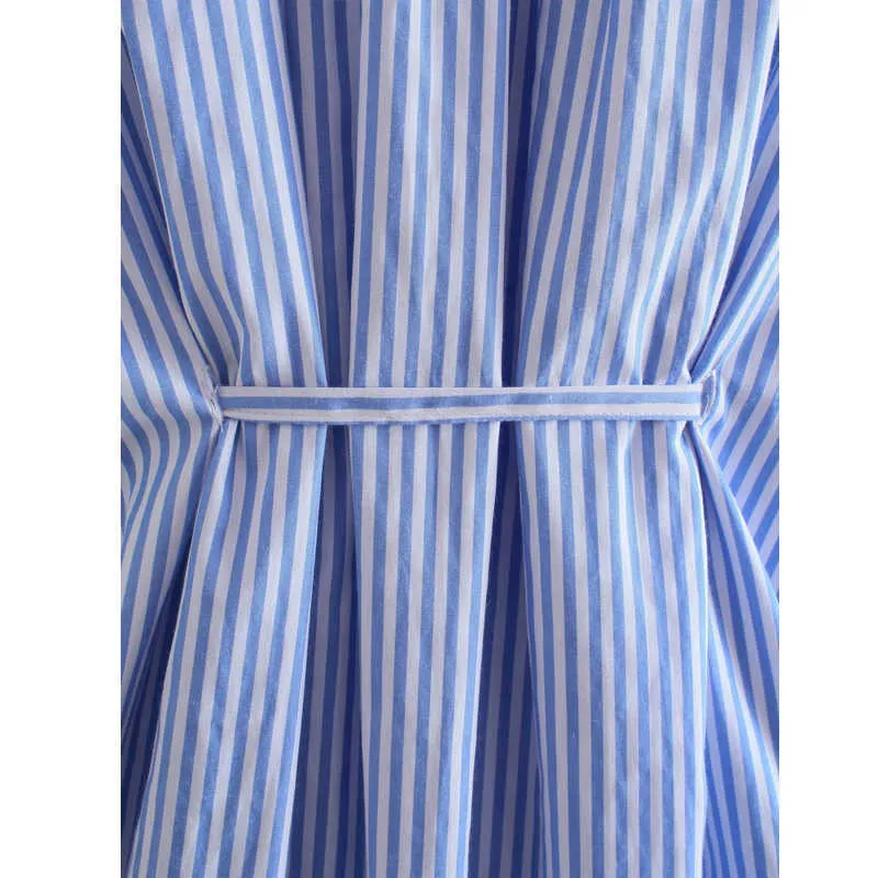 Za Kobiety Bez Rękawów Blue Stripe Shirt Sukienki O Neck Ruffles Kobiet Wakacje Seksowna Długość talii Dress z pasem Xitimeao 210602