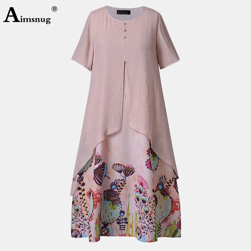 Aimsnug kvinnor elegant lång maxi klänning vintage print sommar strand klänning 2020 plus storlek 5xl damer bohemiska a-line klänningar femme x0521