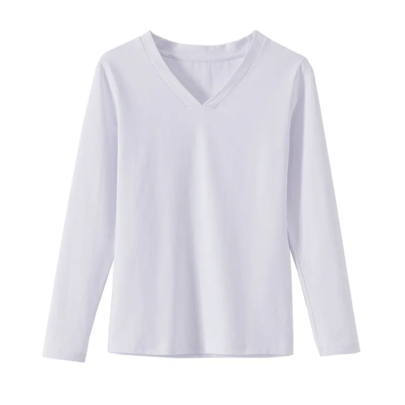 Camiseta sólida de algodão Women Women-decote em Voas de Mula Longa de Mula Longa Tops Autumn Tee Casual Bottoming PLUS TAMANHO S- 210317