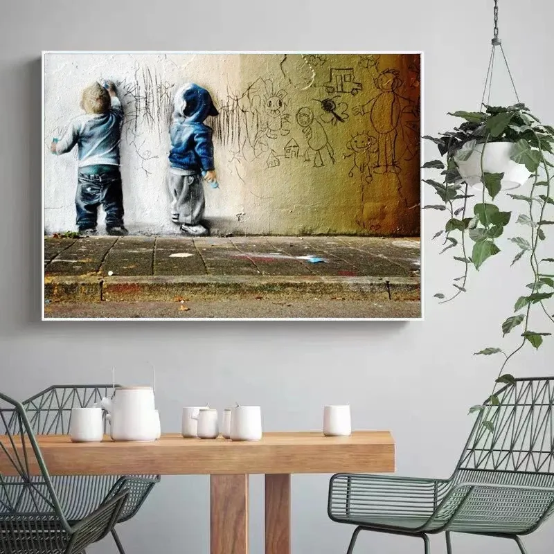 Graffiti Art Canvas Schilderijen Twee Schattige Kinderen Posters en Prints Muurkunst Foto's voor Woonkamer Home Decor Cuadros Geen Frame9736121