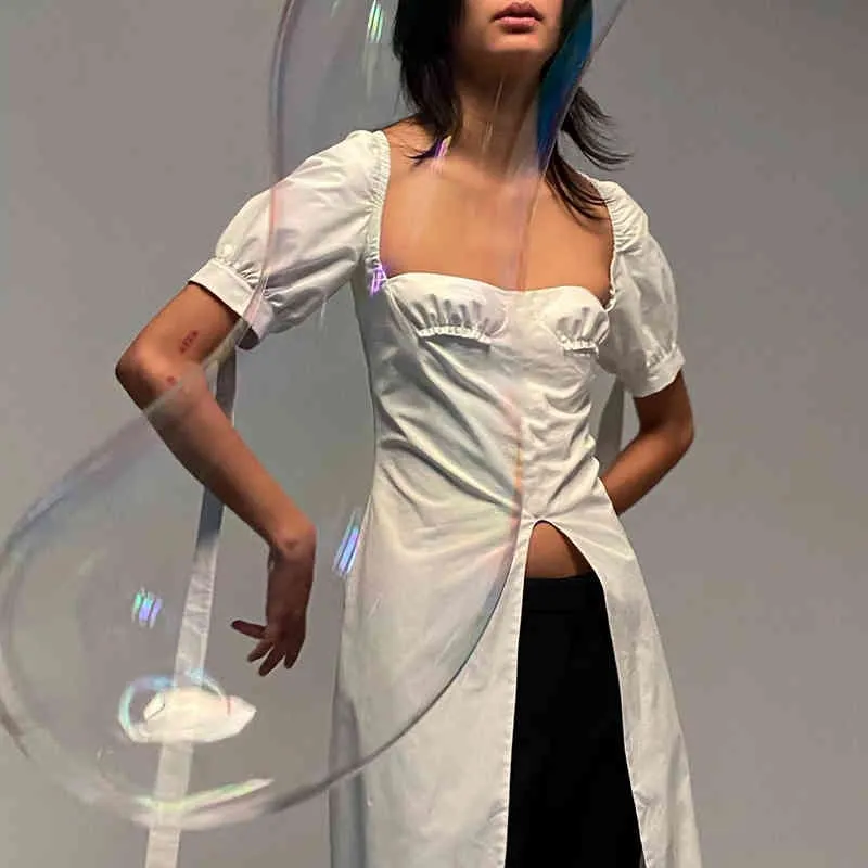 Vintage geraffte Midi-Kleid Frauen elegante quadratische Kragen Puffärmel Split Kleider Französisch Fairycore Prinzessin Robe Sommerkleidung 210517
