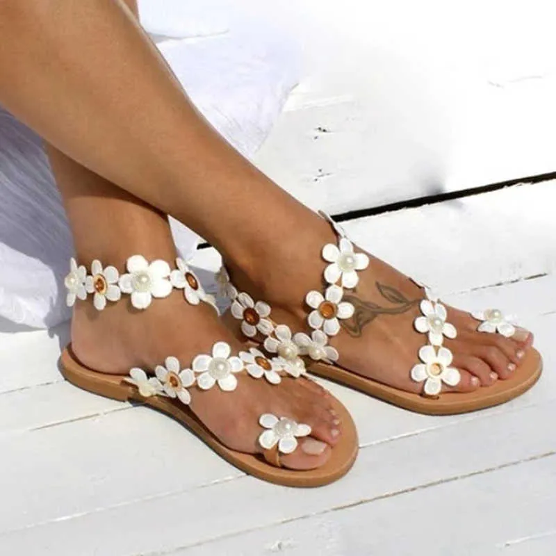Mulheres Sandálias Boémia Estilo Sapatos de Verão para Mulheres Sandálias Plana Sapatos de Praia 2021 Flores Flip Flops Plus Size Chaussures Femme Y0721