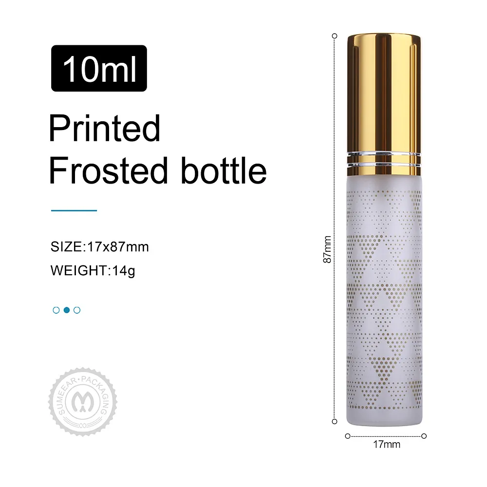 100 stks / partij 10 ml frosted parfum fles glazen verstuiver gekleurde stippen aluminium cap spuiten flessen