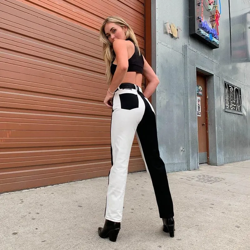 Women Bicolor Black White Jeans Patchwork High Waist Fashion Streetwear Denim Pants Straight Trousers Casual Cargo 210517