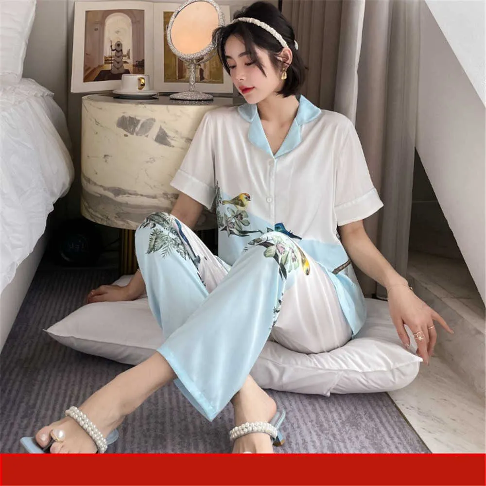 Sexy fleur oiseaux imprimé Satin vêtements de nuit rayonne femmes pyjamas à manches courtes pantalon maison costume deux pièces ensemble vêtements de nuit Q0706