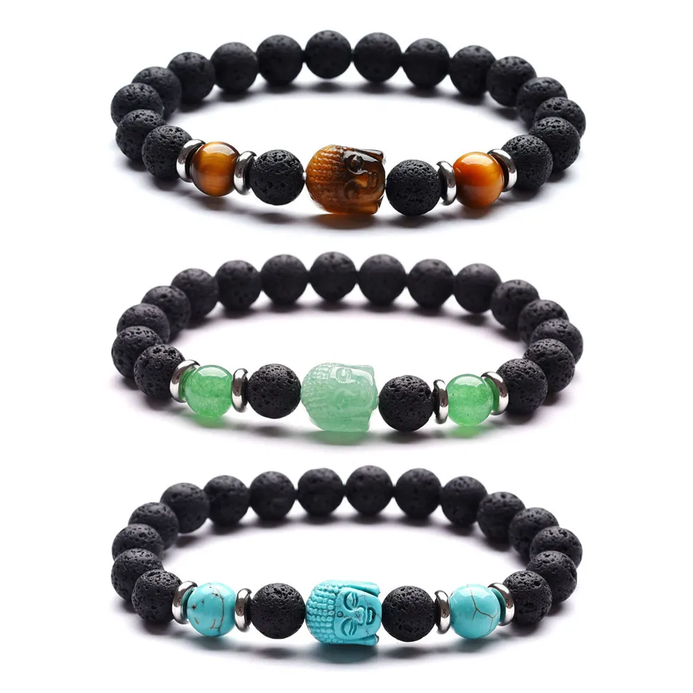 Tiger Eye Stone Green Dongling Stone Carved Buddha Head Bracelet Jha Volcanic Stone Handstring Popular Jewelry