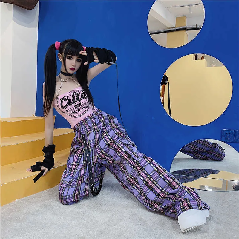 QWeek Mall Goth Y2K Calças de Carga Mulheres Hippie Roxo xadrez Harajuku Streetwear Cadeia Verificada Calças Famale High Wist Aesthetic 210925