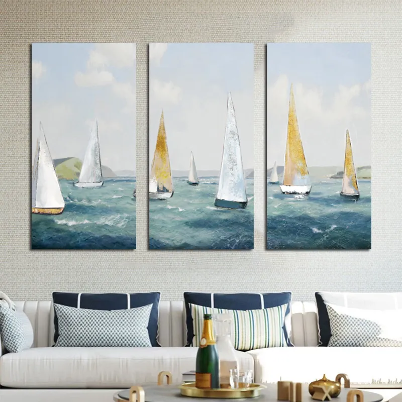 Segelboot-Ölgemälde, Druck auf Leinwand, goldenes Schiff, Poster, Ozean, Meer, Wandkunst, abstrakte Welle, Bilder für Wohnzimmer-Dekor