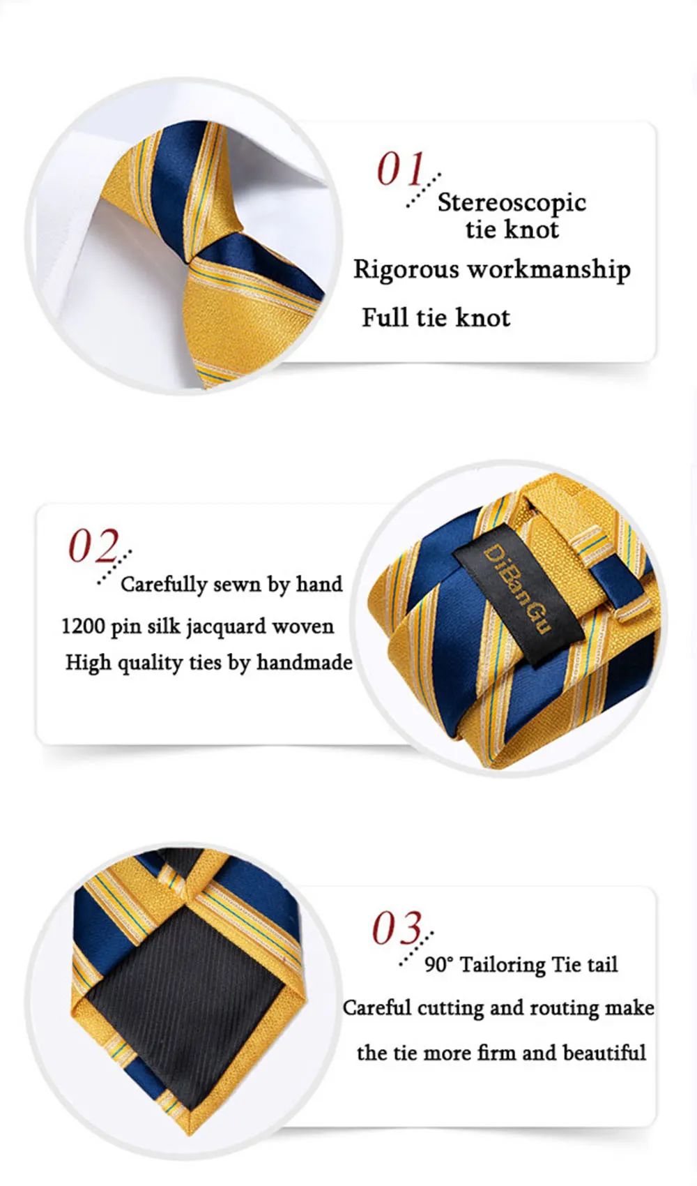 8cm Fashion Gold Feather Print Men's Silk Ties Handkerchief Cufflinks Set Business Party Necktie Gravatas Gift For Men DiBanGu