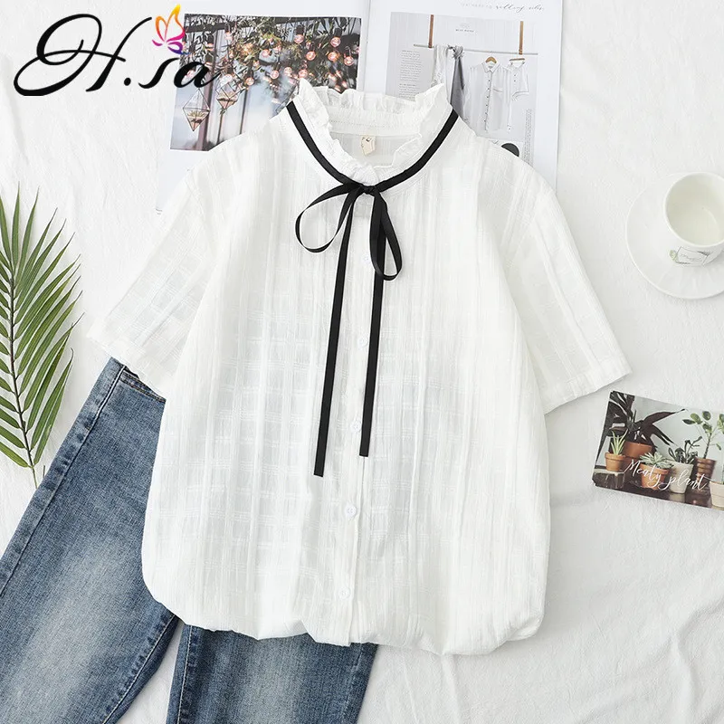 HSA Casual Blouse and Tops Stand Collar Kortärmad Söt Kawaii Blusas Cool Woman Top Bow Shirt Blusas Par Dama 210430