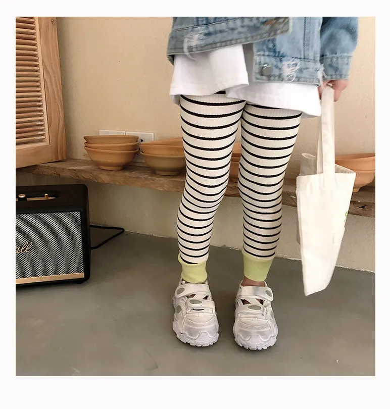 Höst söta tjejer Casual Striped Leggings High Elastic Skinny 3 Färger Patchwork Pants 210508