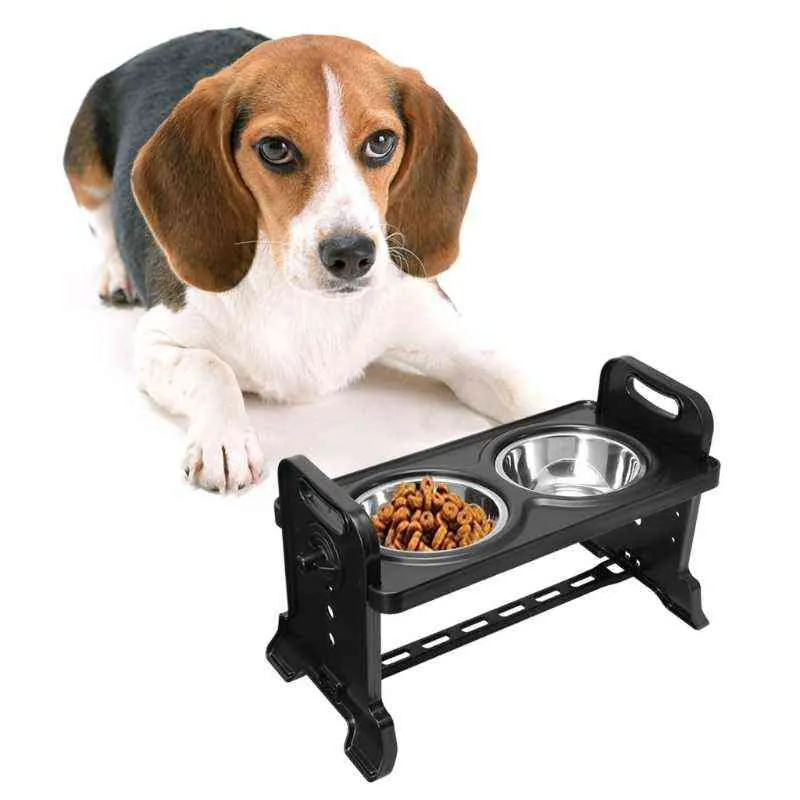 Bol pour chien double surélevé anti-dérapant hauteur réglable plat d'alimentation pour animaux de compagnie en acier inoxydable pliable chat alimentation en eau 2110292381