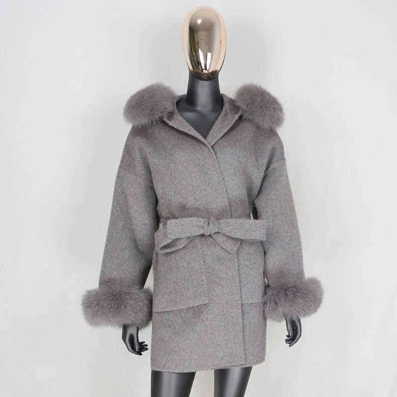 FURBELIEVE Real Fur Coat Winter Jacket Women 100% Natural Collar Cuffs Cashmere Wool Blends Oversize Outerwear 211110