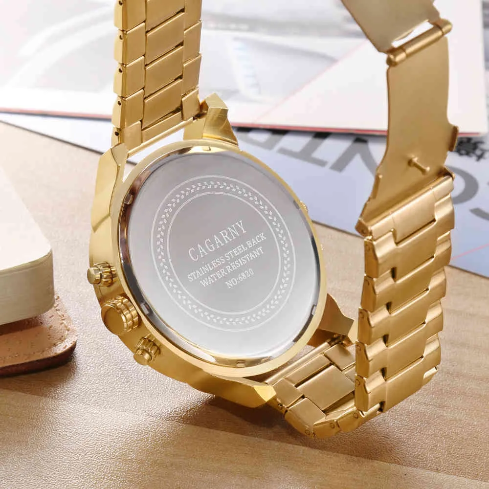 Cagarny Watches Men Fashion Quartz Wristwatches Cool Big Case Golden Steel Watchband Military Relogio Masculino  Style dz6820 (7)