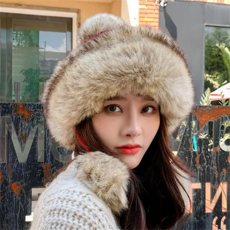 Beanie Skull Caps Fashion Knitted Fur Hat Russian Winter Women Cap With Two Pompoms Hats Warm Fluffy Stylish Female Tail Beanie3483