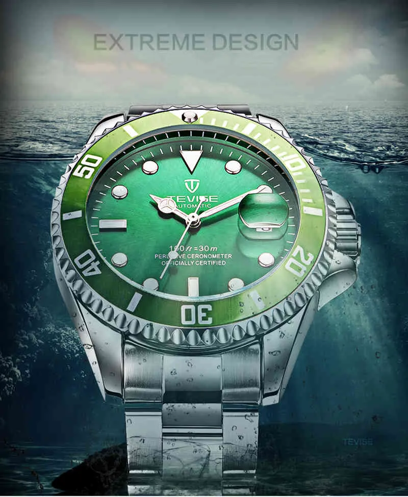 Tevise 2021 grandes relógios mecânicos relógio automático marca de luxo à prova d'água homens de aço completo relógio de pulso Reloj hombre 2021