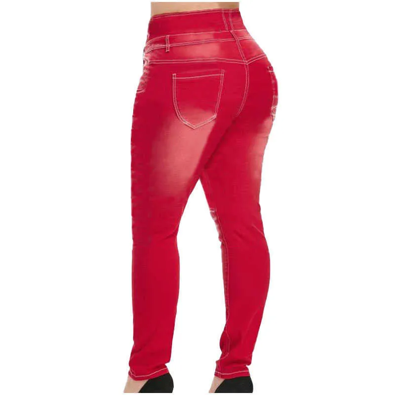 Grande taille boutonné taille haute maigre crayon Denim pantalon printemps Style coréen Stretch moulante rouge pantalons longs maman jean 210629