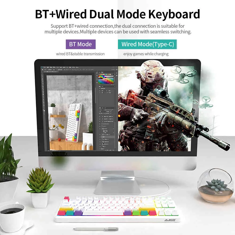 Ajazz K870T BT Беспроводной двойной режим RGB Mechanic Game Keyboard Phone / Tablet / PC Outemu черный / синий / красный / коричневый переключатели