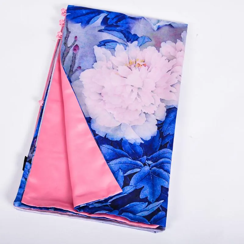 Lenços Bysifa estilo chinês azul rosa peônia seda xale cachecol feminino elegante longo xales envolve outono inverno quente grosso 175 50cm269x