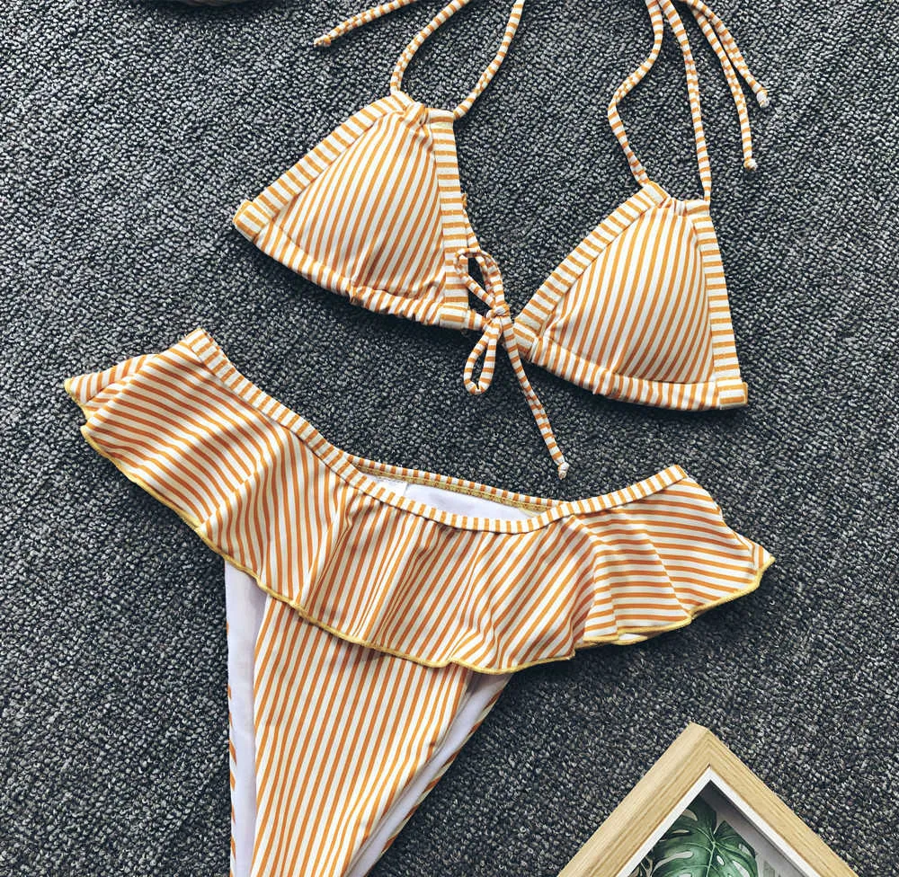 Sexy Triangle Bikini Top String Maillot De Bain Avec Jupe High Cut Maillots De Bain Femmes Vertical Stripe Tie Front Swim Bath Suit 210629