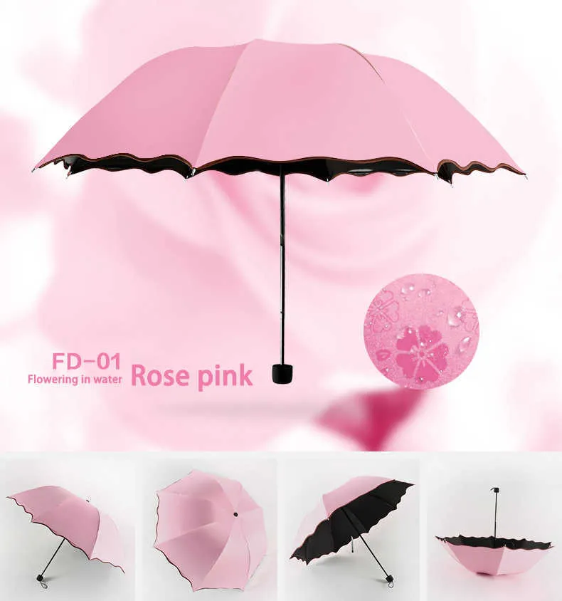 Senhoras portáteis guarda-chuvas à prova de vento 3-dobrável flores em muda de água cor anti-uv sol / chuva guarda-chuva ti99 210721