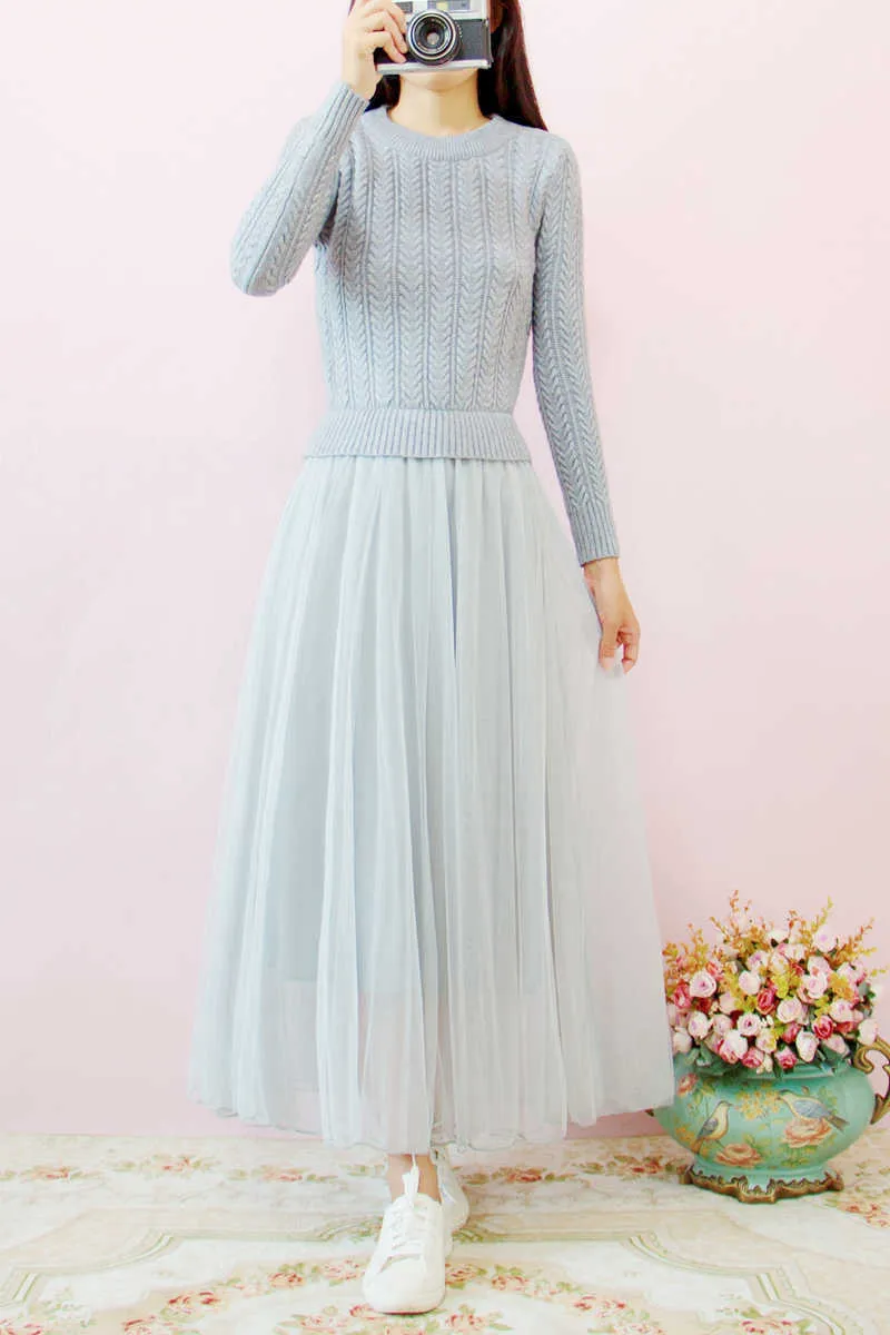 PERHAPS U Pink Blue O Neck Long Sleeve Knitted Maxi Mesh Long Dress Solid Autumn D0693 210529