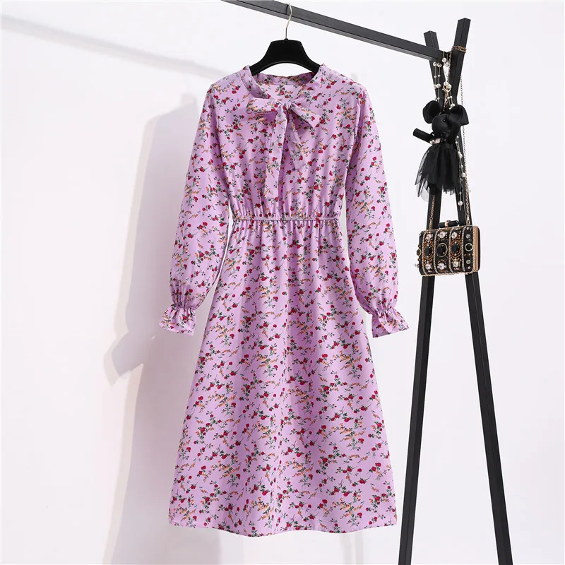 2021 Femmes Sweet Automn Spring Shirt Robe Coll Collier Floral Print Floral Longue manche élastique Robes vintage élégantes 210320