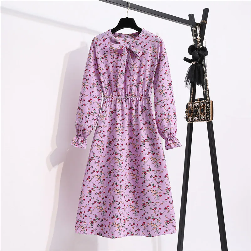 2021 Mulheres doces outono de primavera de camisa de mola colarinho floral estampa floral com manga longa cintura elástica elegante vestidos vintage 210320