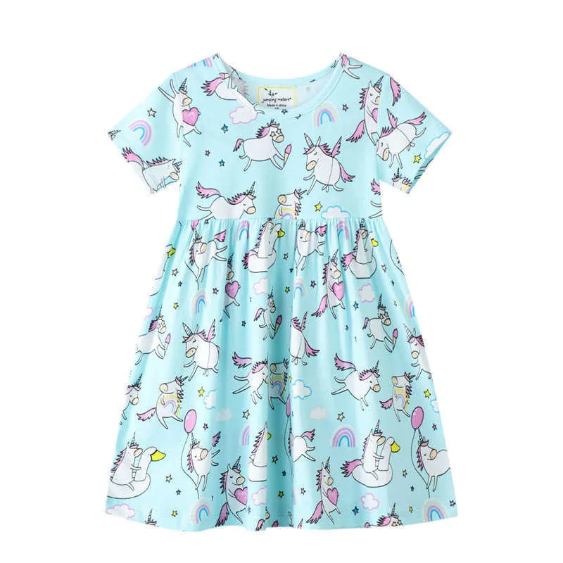 Hoppmätare Ankomst Sommardjur Skriv ut Bomull Baby Girls Unicorns Dress Fashion Princess Kläder 210529