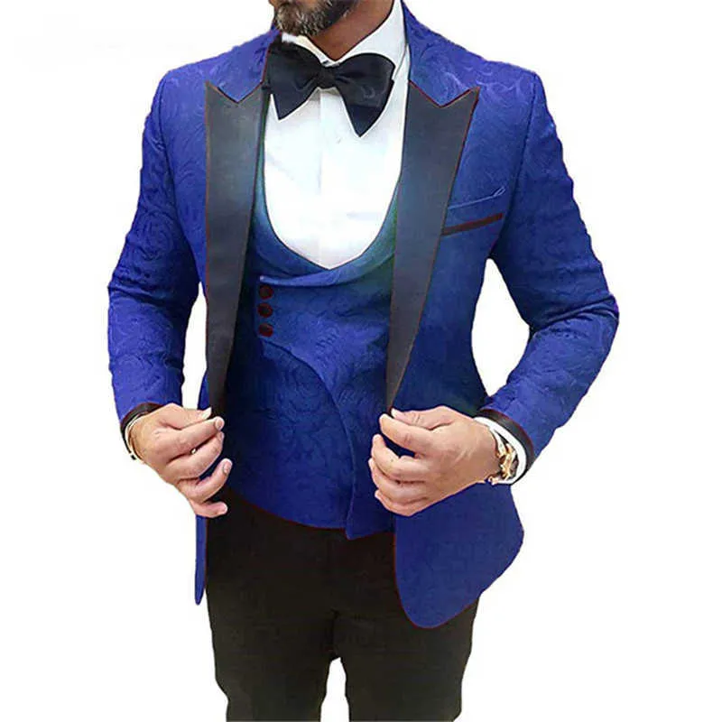 Çiçek Desen Düğün Smokin Groomsmen Balo Slim Fit Casual Erkekler Siyah Pantolon Ile Suits Erkek Moda Ceket Yelek X0909