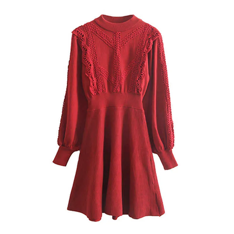 Misschien ben je winter herfst lange mouwen rood zwart korte mini jurk gebreide kant elegante chic d2132 210529