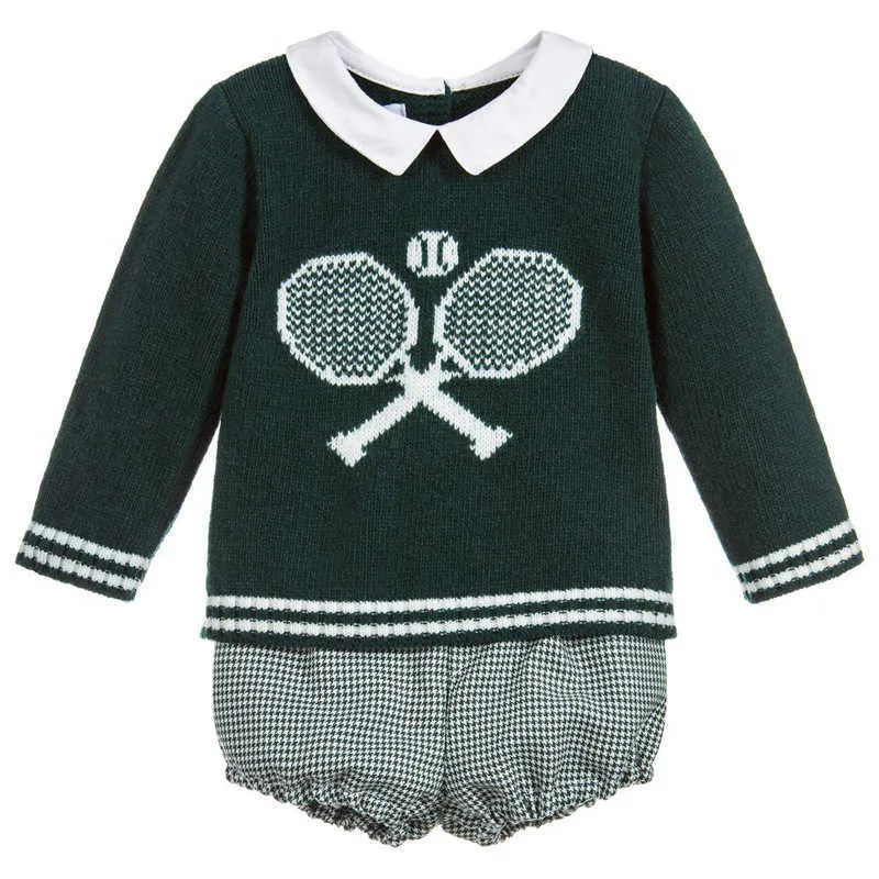 Комплект испанской бутик-одежды для маленьких мальчиков, детские вязаные свитера с длинными рукавами + короткие штаны, осенне-зимняя одежда для малышей 210615