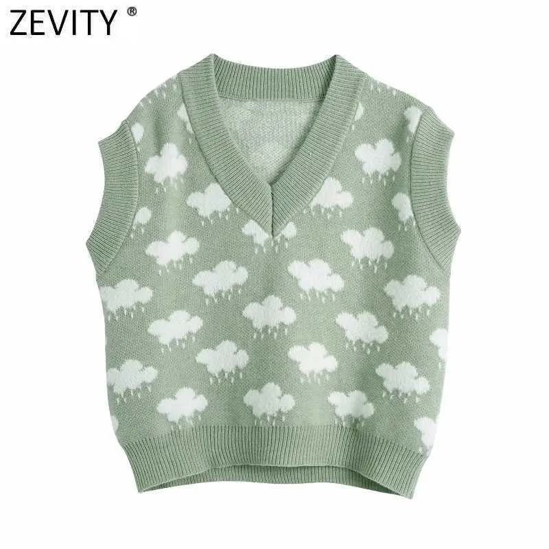 Zevity Kobiety Moda V Neck Cloud Wzór Knitting Sweter Kobieta Bez Rękawów Dorywczo Slim Kamizelka Chic Rozrywka Swetry Topy S669 210914