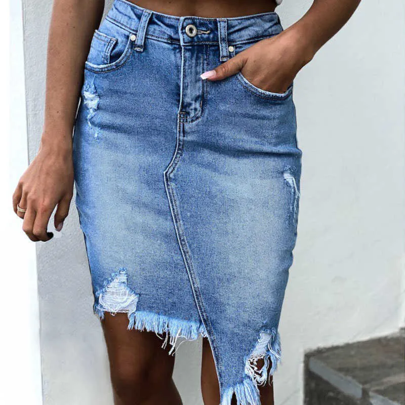 Casual Hoge Taille Kwastje Cool Potlood Denim Rokken Dames Zomer Vintage Sexy Hole Ripped Zakken All-Patched Jeans Rok 210629