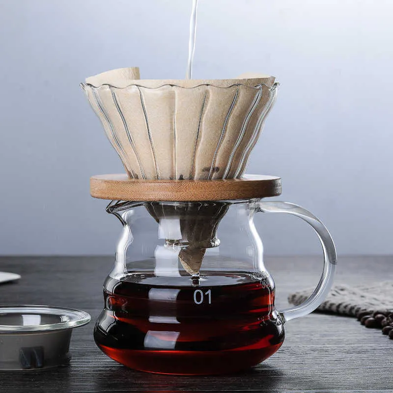 Swabue Pour Over Coffee Maker Pot och Percolatorer Set Glas Dripper V60 Filter Colander Miljövänlig 500 ml / 300 ml / 700 ml Återanvändbar 210712