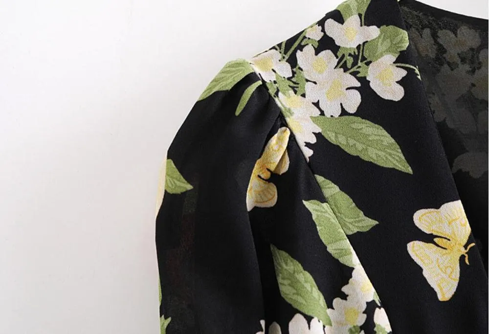 Весна Франция Винтажный квадратный воротник слойки с коротким рукавом цветок печать MIDI платье женские галстуки лук ютные рухнутые подол щетки 210429