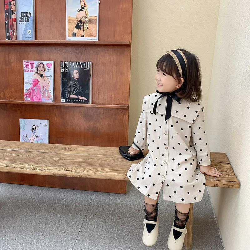 Automne School Girls Casual Dot Robe coréenne Collier marin à manches longues Robes lâches pour enfants Vêtements fille 210615