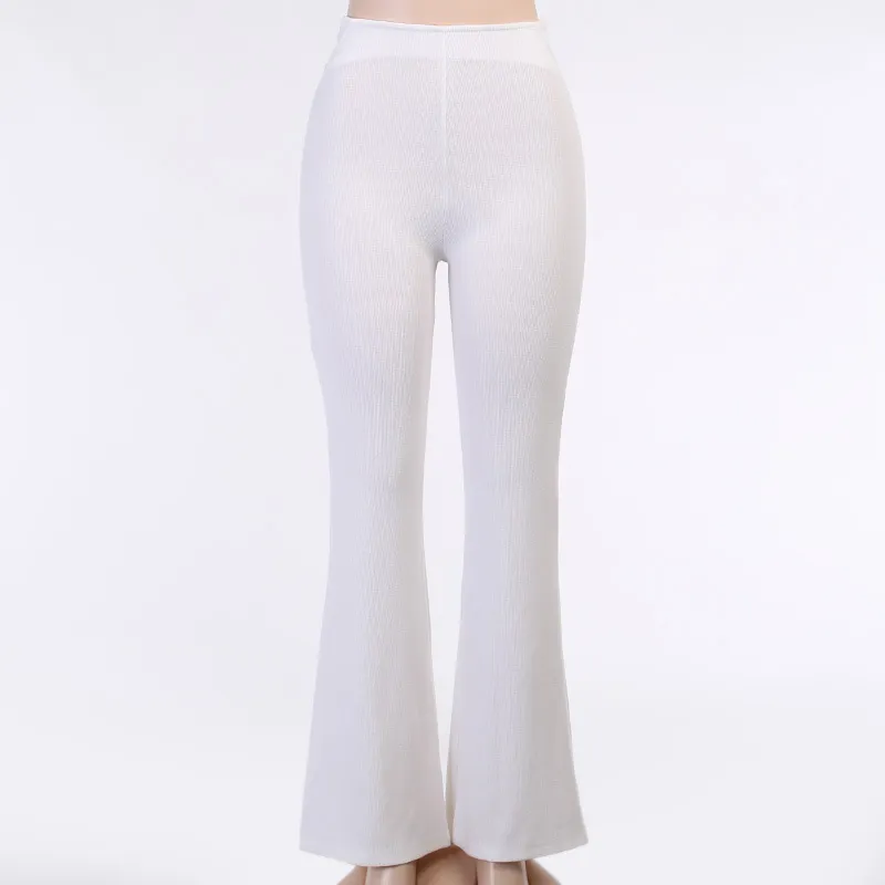 Élégant Coton Tricoté Pantalon Évasé Femmes Sexy Blanc Noir Évider Taille Haute Long Pantalon Dames Casual Pantalon Hiver 210319
