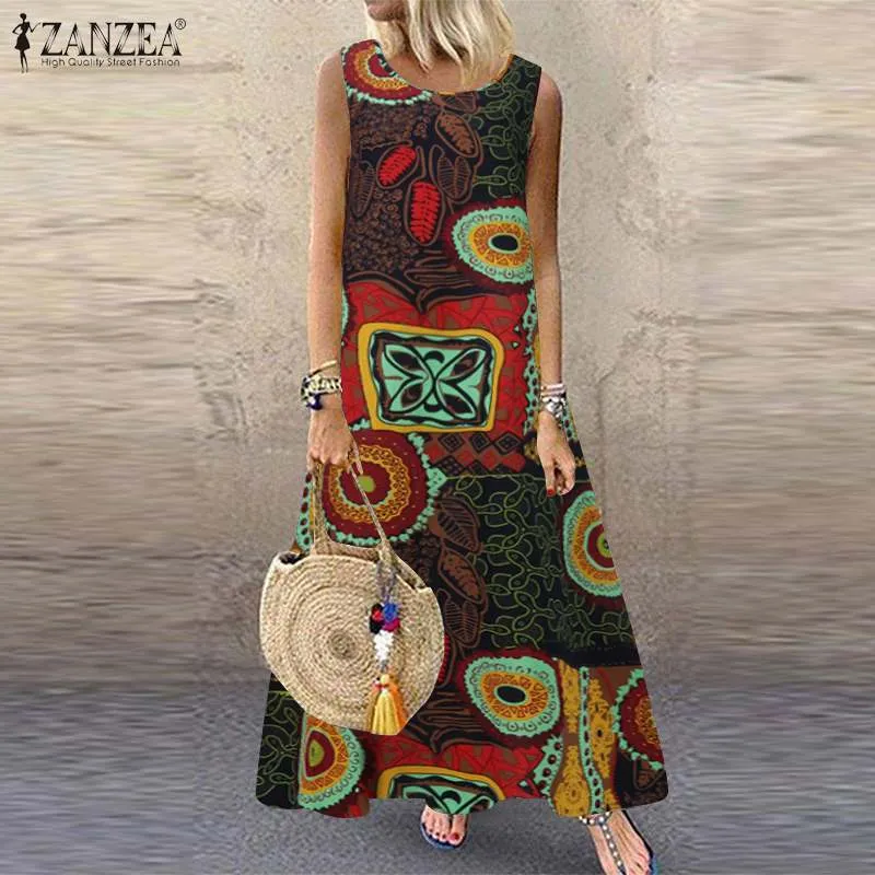 Zanzea kvinnor bohemian blommig tryckt maxi lång klänning 2021 sommar vintage ärmlös vestido casual lös plus storlek sundress x0521