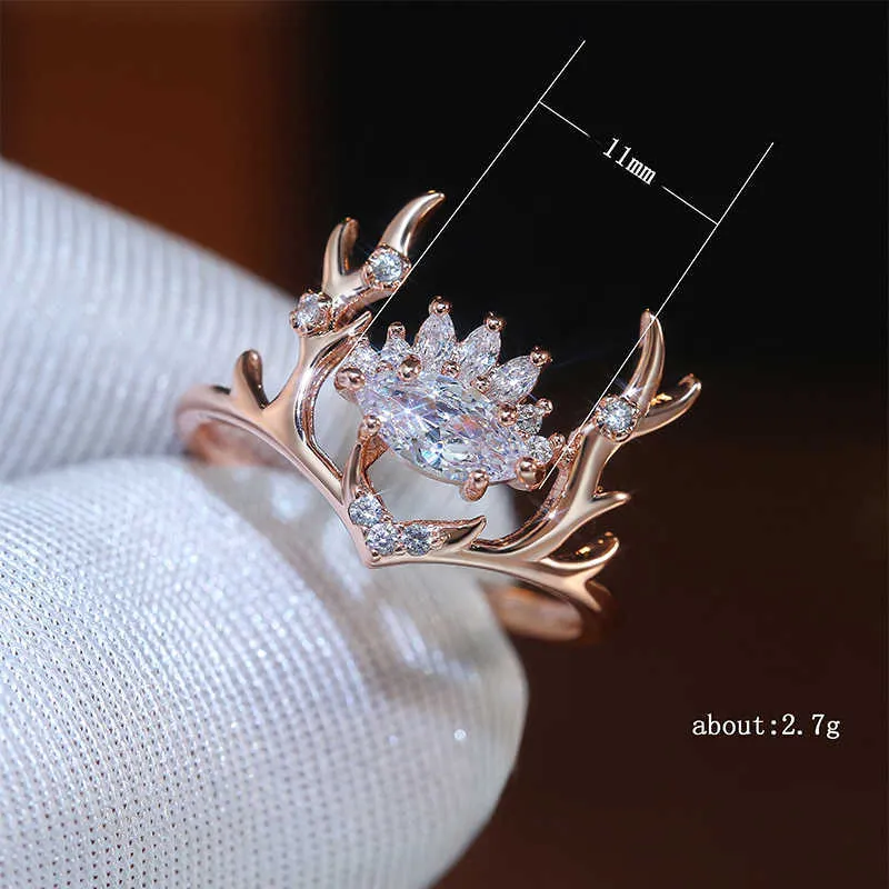 Huitan Rose Gold Elk Shape Kvinnor Ringar Fashion Nytt utformade Smycken Fine Anniversary Julklapp Nyårsgåva till Girl X0715