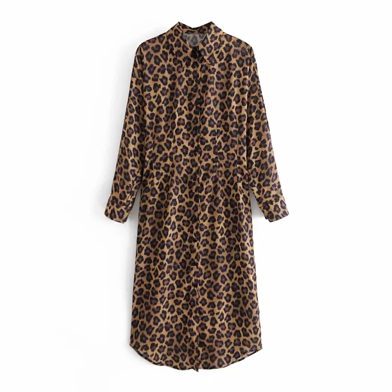 Vintage femme lâche léopard longue chemise robes printemps mode dames surdimensionné imprimé femme Chic bouton 210515