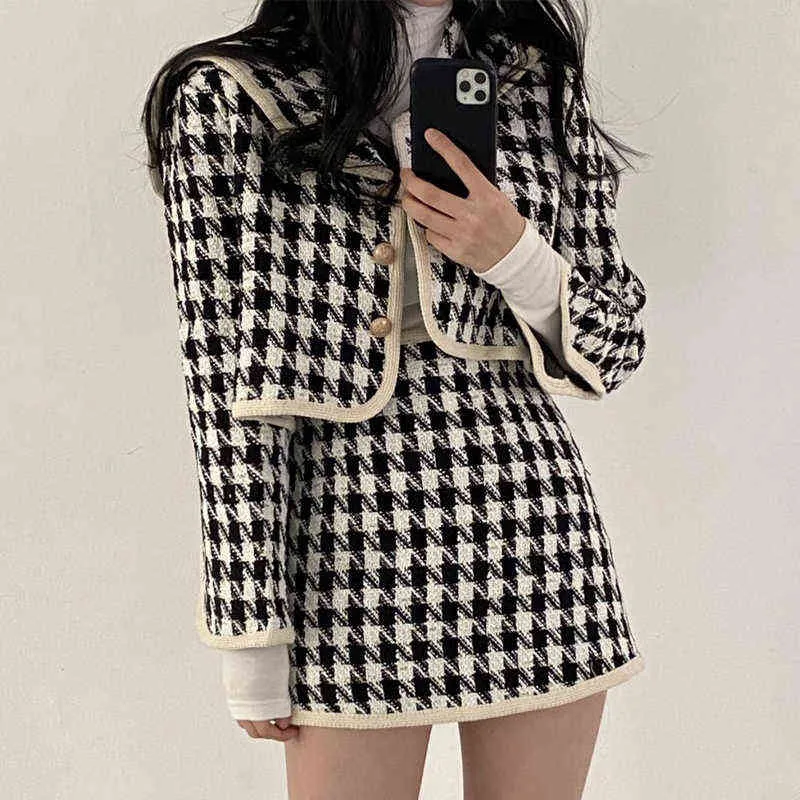 Kimotimo Kobiety Plaid Tweed Set Korean Ins Ins Vintage Sailor Collar Kołnierz Z Długim Rękawem Płaszcz + Wysoka Talia Mini Spódnica Dwie zestawy 211108