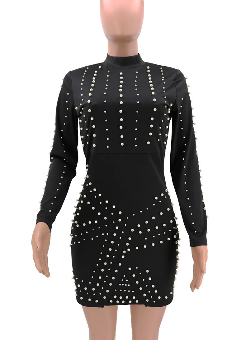 Omsj formell långärmad elegant klänning pärla svart / blå / röd bandage bodycon mini klänningar mode o-hals höst vestidos 210517