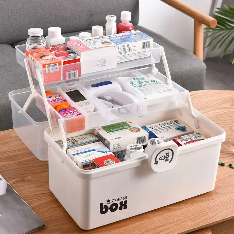 Plast Tier Medicinsk lådor Förvaringslåda Stor kapacitetslåda Sundries Organizer Folding Chest First Aid Kit 210922