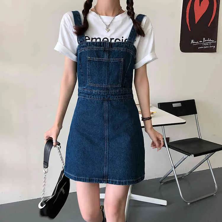 SML estilo coreano verano mujer vintage cintura alta correas denim dess mujer recto mini jeans vestido mujer 78382 210423