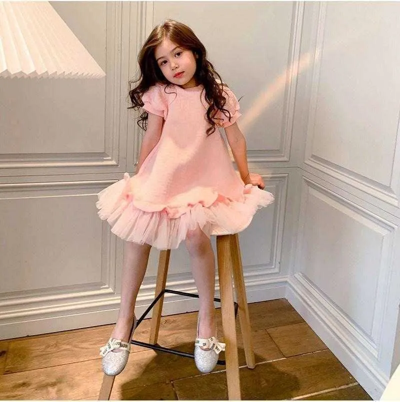 Jupe décontractée rose pour enfants marque de luxe robe de mode filles Net fil à manches courtes robe de princesse pour enfants Q0716