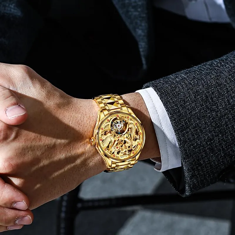 Luxury Gold Dragon Automatisk klocka för män Mekanisk Tourbillon Sapphire Waterproof Top Brand Wristwatch Transparent Wristwatches2377
